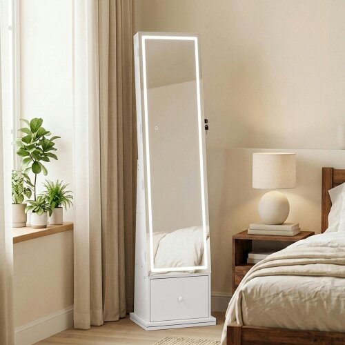 HOMCOM Swivel Jewelry Cabinet with LED Lights, Mirror with Storage, White