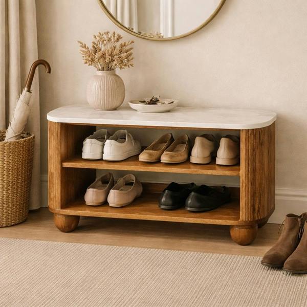Artisan Furniture Solid Wood Beaumont Marble Shoe Bench, 2 Shelves, Brown