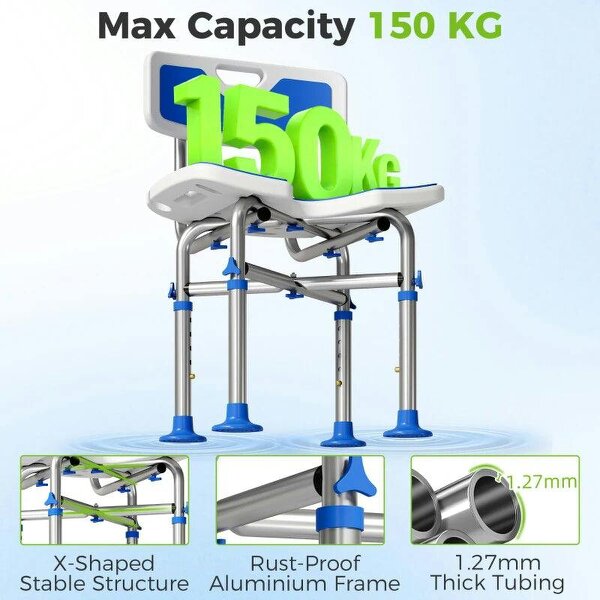 Shower Chair with U-Shaped Cutout, Height Adjustable Bath Bench, Padded Shower Stool for Elderly, Senior, Disabled, Blue