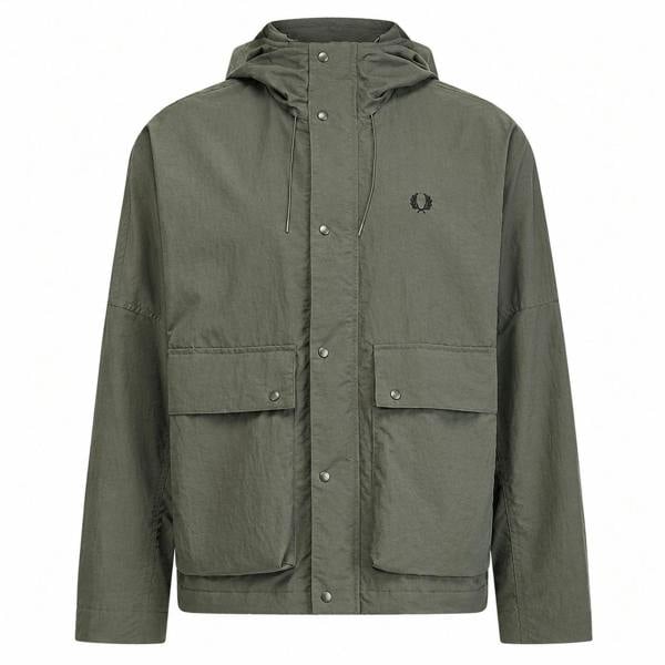 Fred Perry field green cropped ripstop parka jacket with a hood, snap-button closure, and two large front pockets.
