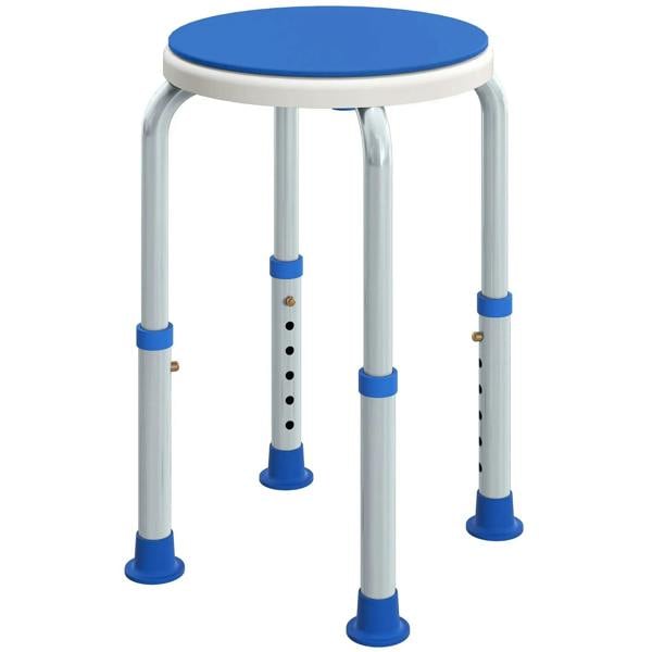 Blue height-adjustable shower stool with round seat and non-slip feet