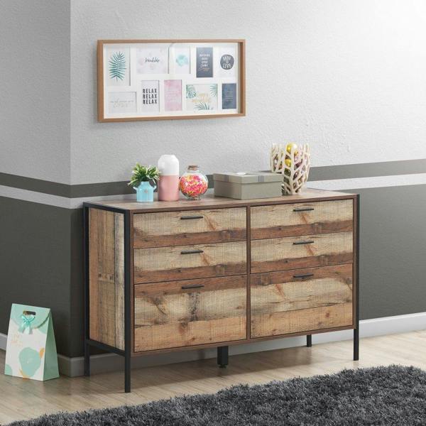 Stretton Rustic Chest 6 Drawers Bedroom Living Room Storage Industrial Oak