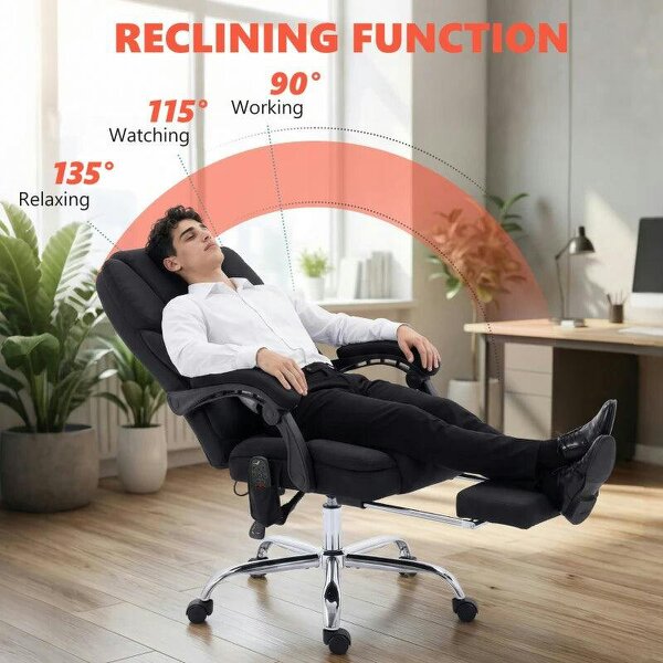 Office Chair with 6-point Vibration Massage and Heat, Fabric Desk Chair with Footrest, High Back, Black