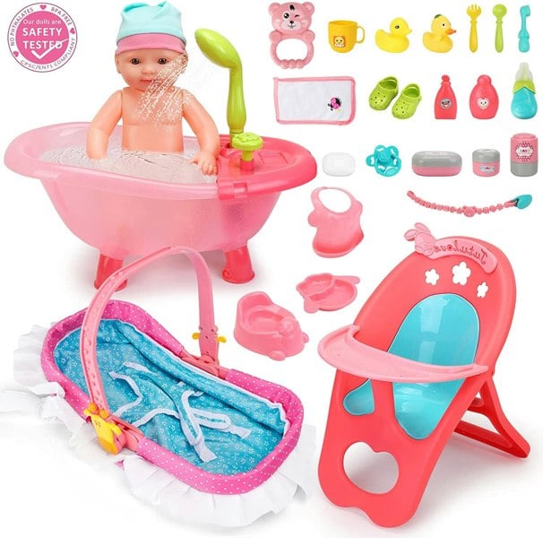 deAO Toys 14" Baby Doll Play Set 25 Pcs Baby Doll Accs with High Chair Bath Crib