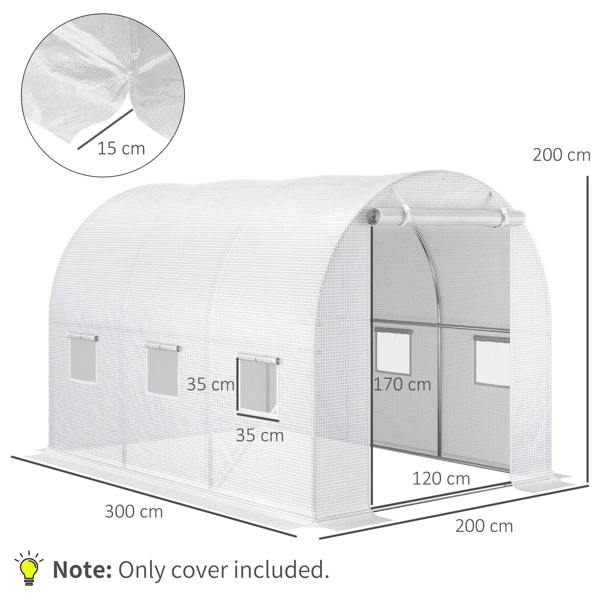 White PE greenhouse tunnel cover with roll-up door, side windows, and size markings