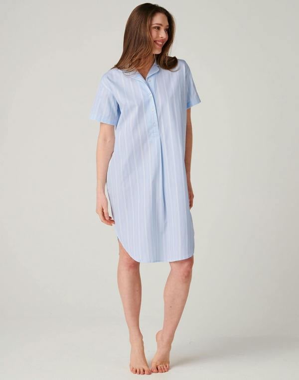 British Boxers Women's Cotton Short Sleeve Nightshirt – Breezy Blue Satin Stripe