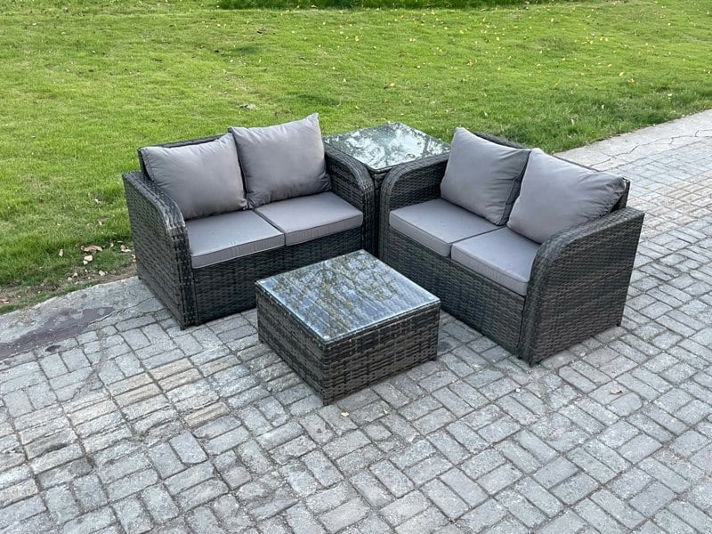 Fimous Rattan Sofa Set Outdoor Garden Furniture Set with Square Coffee Table Loveseat Sofa Side Table Dark Grey Mixed