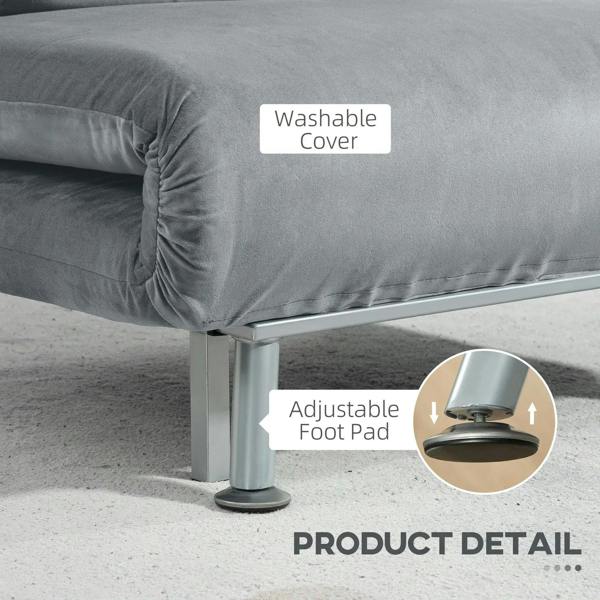 Grey sleeper chair close-up with ruched arm, corner stitching, and padded feet