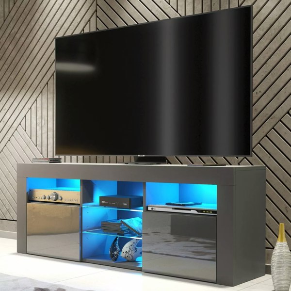 Mex Furniture Stylish Modern 145cm TV Unit with Grey Gloss Doors, Sideboard and Free LED