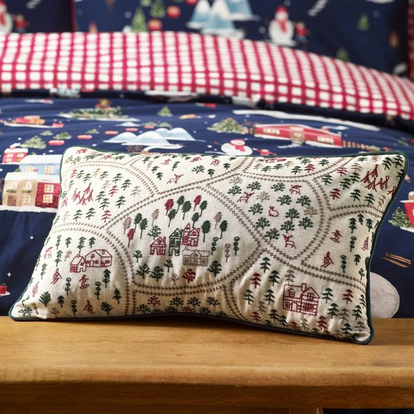 Catherine Lansfield Christmas Ski Village Embroidered Cushion Natural
