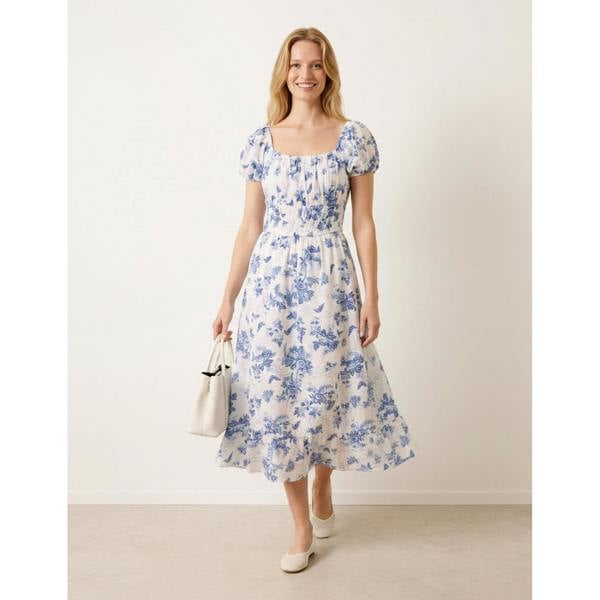 Blue Vanilla Off The Shoulder Puff Sleeve Shirred Print Dress