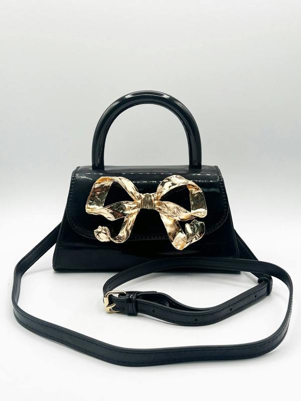 SVNX Metallic Bow Top Handle Bag in Black