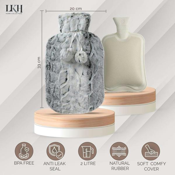 LKH HOME COLLECTION Hot Water Bottle with Cover UK 2L with Faux Fur Pom Poms For Period Pain Relief Leak Resistant BPA Free Hot Bottle