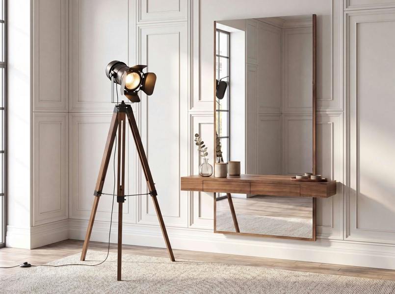 Angel Cerdá Floor lamp in black steel and walnut-coloured pine wood 8109