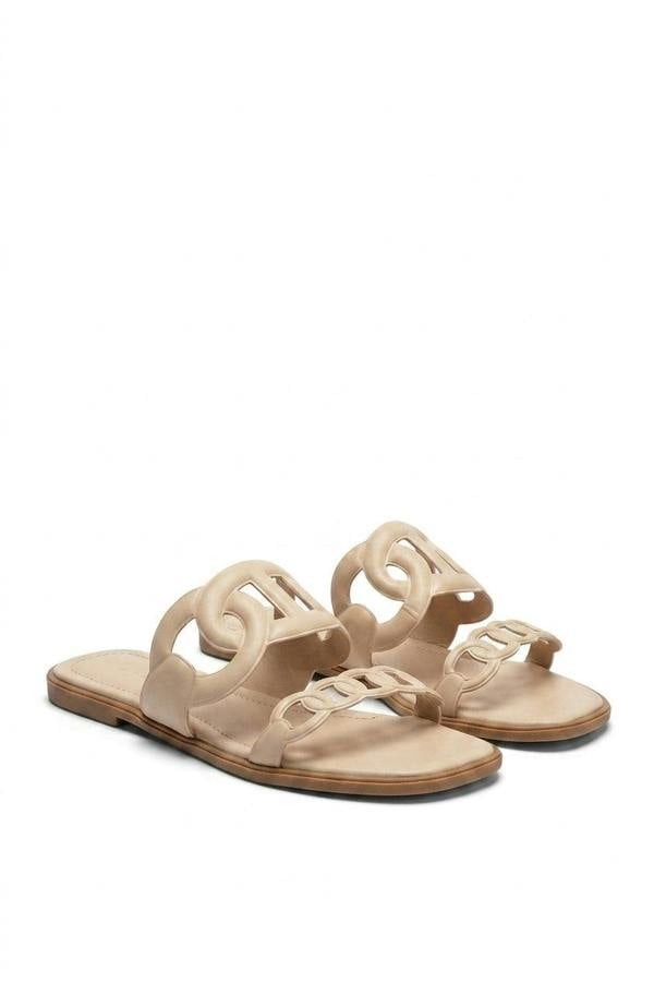Betty Comfortable Flat Sandals With Double Leather Chain - Cream_wb