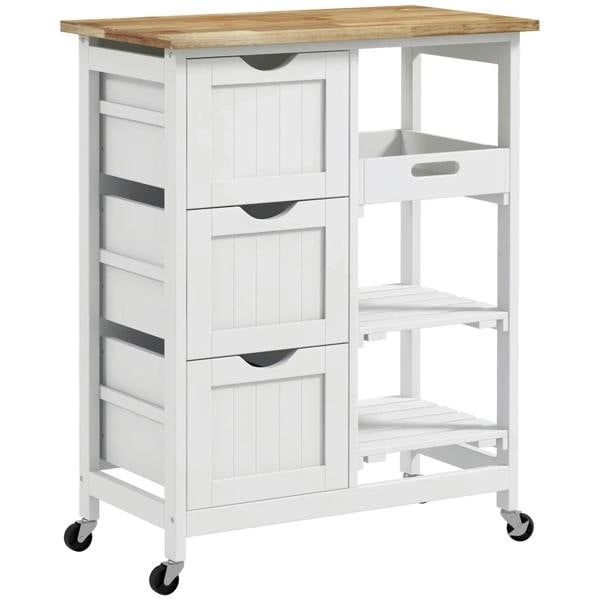 White rolling kitchen island cart with wood top, drawers, and side shelf.