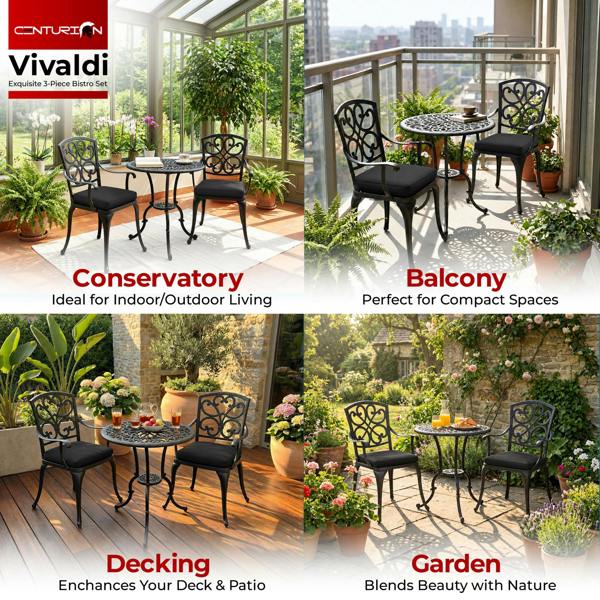 Centurion Supports VIVALDI Black 3-Piece Cast Aluminium Garden Bistro Set - with Black Cushions