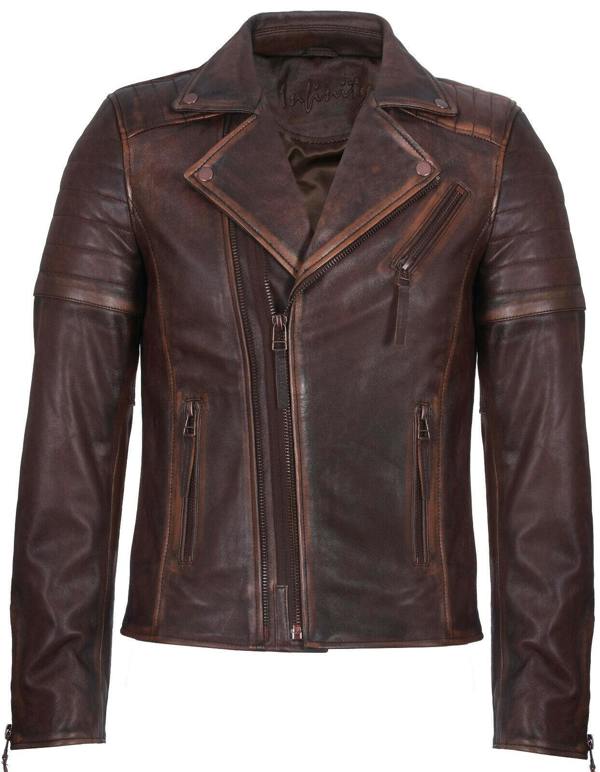 Infinity Leather Mens Slim Fit Brando Style Cross Zip Leather Biker Jacket