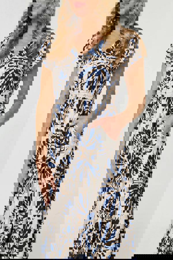 Navy | Printed Lace Trim Cap Sleeved Maxi Dress