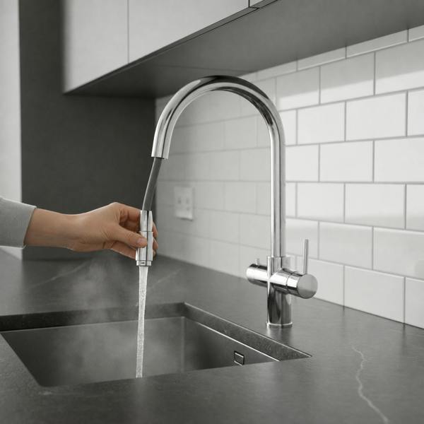 a modern round neck pull out chrome boiling water tap in a modern kitchen with grey cabinets and white tiles, with hot water pouring from tap