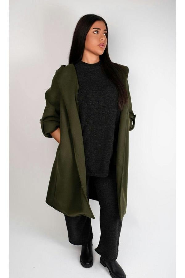 Meira Longline Hooded Coat With Rolled Sleeves - Khaki