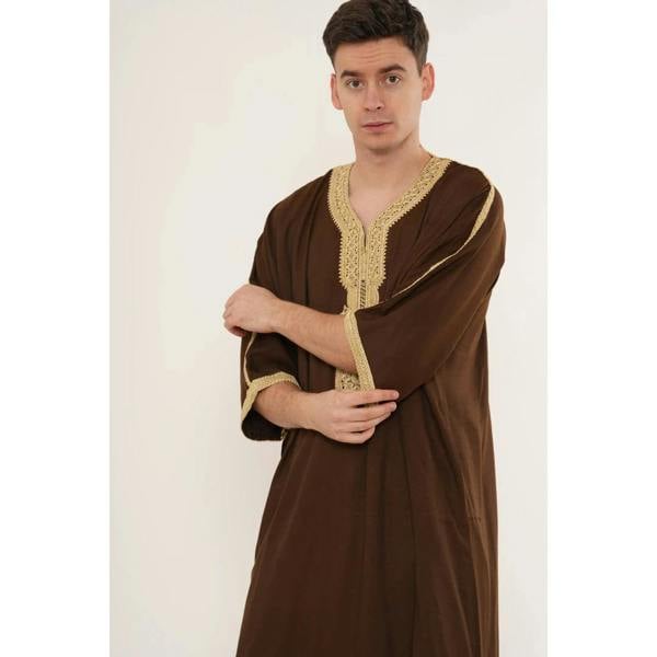 Men's Half Sleeve Embroidery Moroccan Thobe - Brown Beige - Thobez - 19