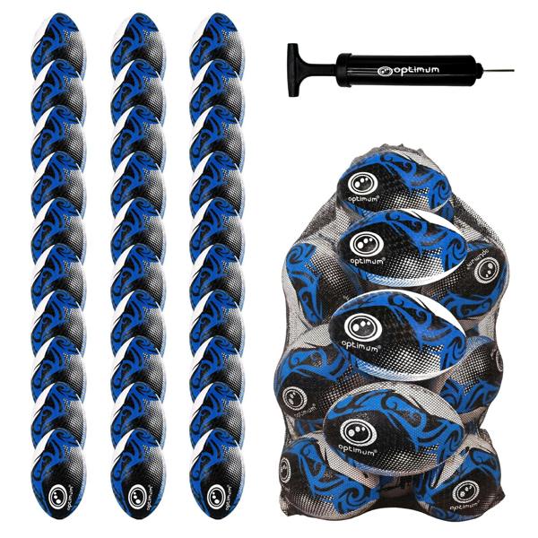 Optimum Bulk Razor Rugby Ball in Blue — pack of 30 with free pump and carrier