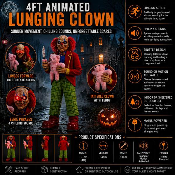 Samuel Alexander 4ft Tall Lunging Animated Clown Halloween Animatronic Decoration