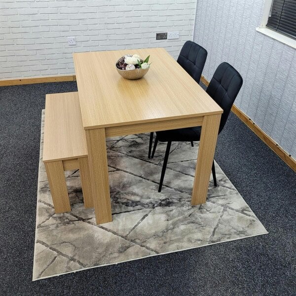 KOSY KOALA 4 Seater Modern Light Wood Dining Table Set with 2 Black Velvet Chairs and Bench H75 x L140 x W80 cm