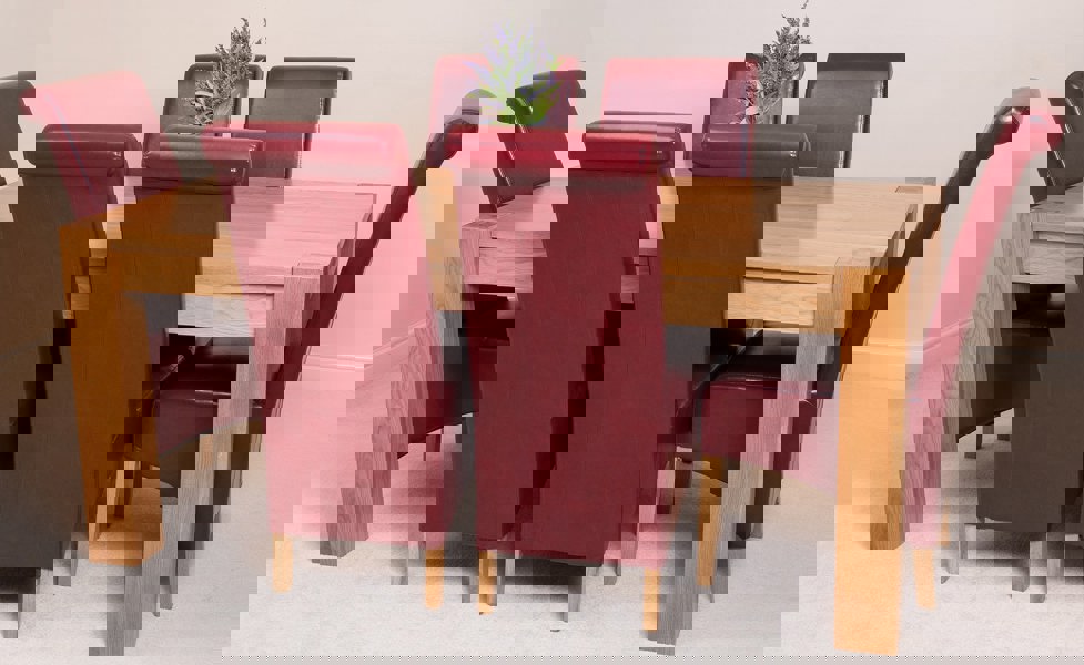 That's Furniture Kuba Large Oak Dining Table with 6 Montana Burgundy Leather Chairs