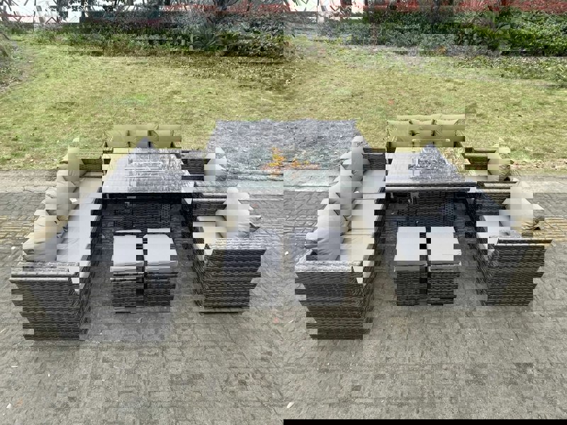 Fimous 10 Seater Outdoor PE Rattan Garden Furniture Gas Fire Pit Dining Table Set Lounge Sofa 2 PC Armchairs With 2 Stools Dark Grey Mixed Patio