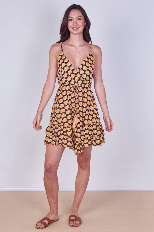 Boho Printed Cotton Mini Dress – Lightweight Summer Strappy Dress - Brown - Onesize (8-14)