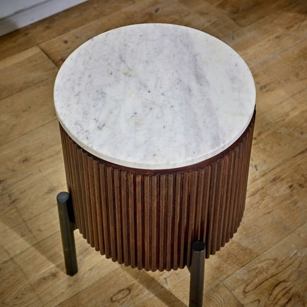 IH Design Miel Mango Wood Side Table With Marble Top & Metal Legs
