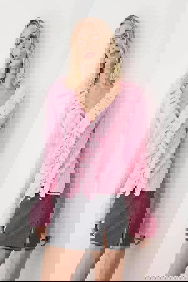 WOVCOR V-Neck Soft Texture Knit Cardigan with Button and Ruffle Detailed