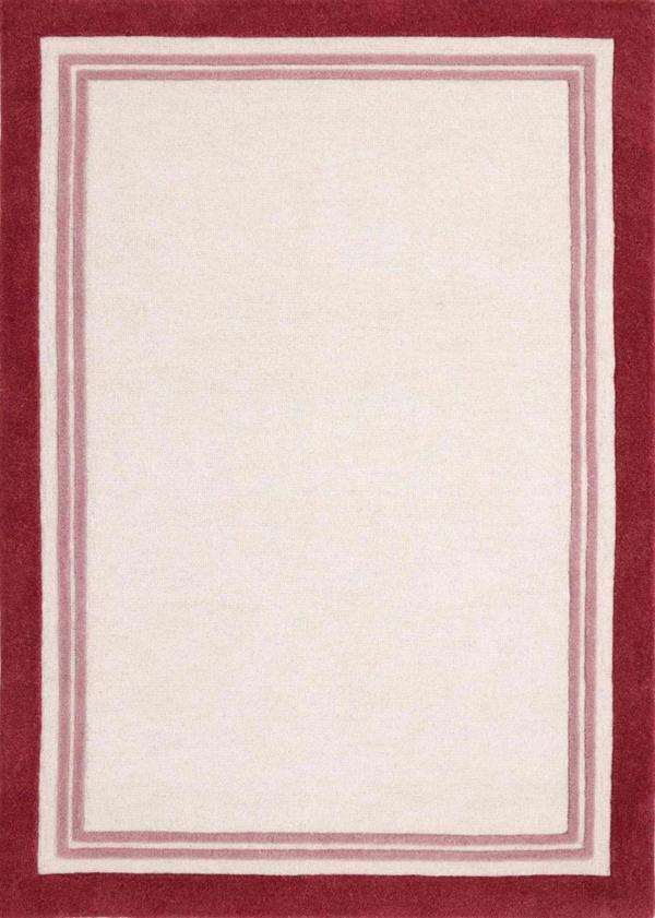 Rectangular area rug with a red border on a white background