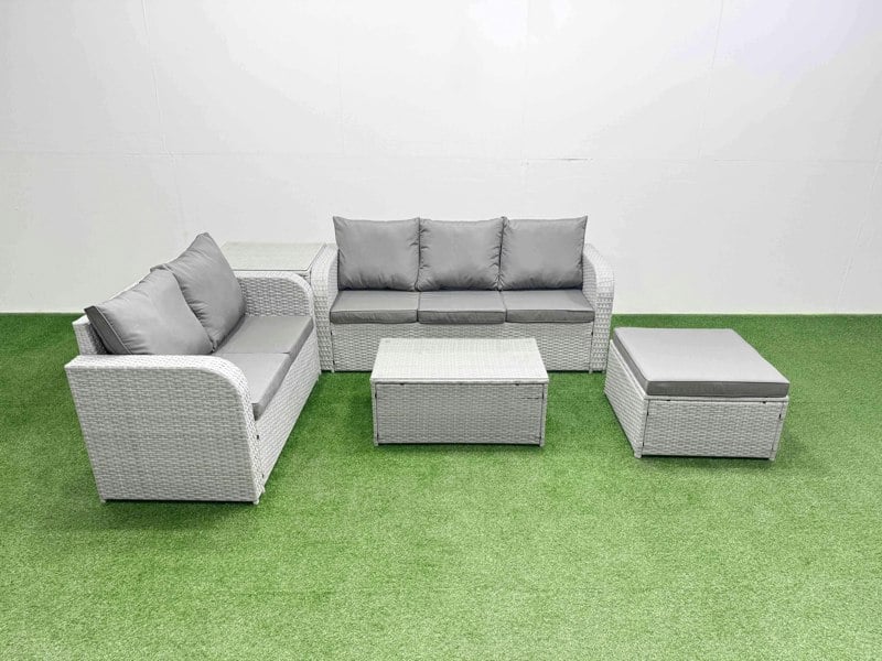 Fimous 6-Seater Rattan Outdoor Sofa Set | Rectangular Coffee Table, 3-Seater Sofa, Loveseat, Large Footstool, Side Table