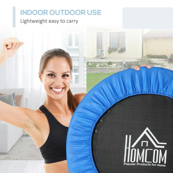 Blue trampoline mat with black jumping surface and padded edge