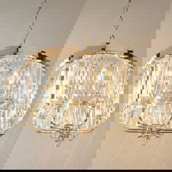 Bright Nickel Ceiling Chandelier Light - Clear Cut Glass 6 Bulb Pendant Fitting