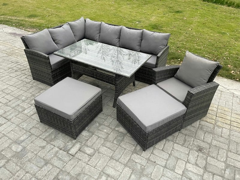 Fimous 9 Seater Dark Grey Mixed Rattan Outdoor Corner Sofa Set - Rectangular Dining Table, 2 Footstools & Armchair