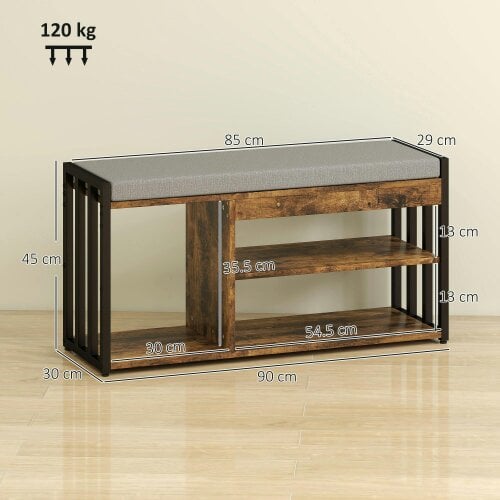 Wyld Haus Soli Wooden Rustic Brown Upholstered Shoe Bench With 3 Shelf and Grey Padded Seat