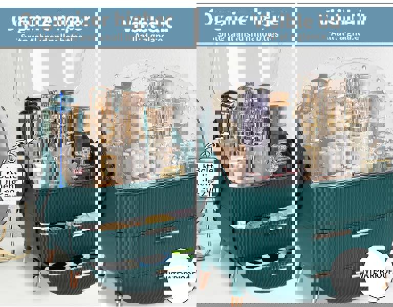 ilus Makeup Organizer Case Drawer Portable Cosmetic Jewellery Storage Box Dark Green