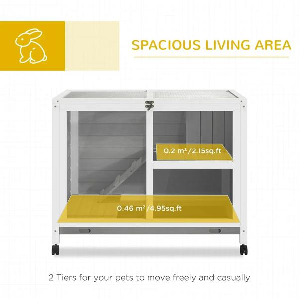 Grey wooden rabbit hutch with open front, two tiers, and removable-style base panels