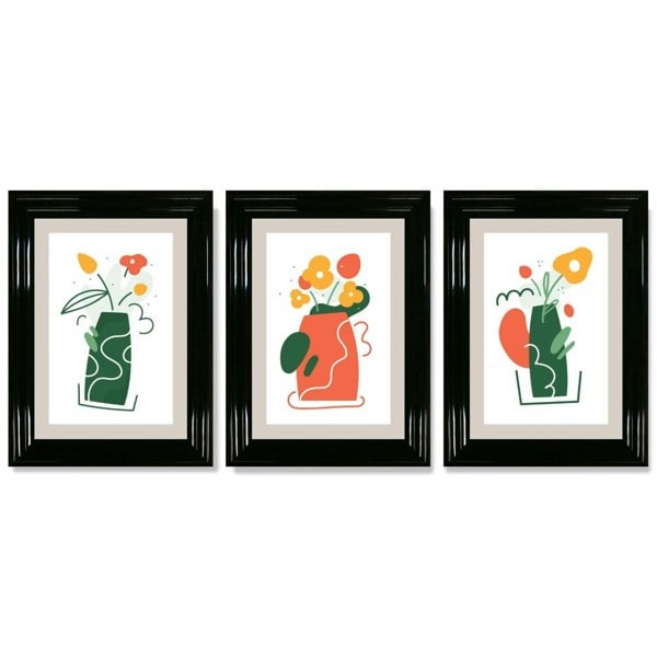Boho Minimal Floral Green Orange Set of 3 Framed Art Prints with Glossy Black Frames