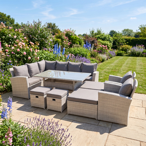 Fimous 11 Seater Rattan Garden Furniture Set with Corner Sofa, Dining Table, 2 Chairs, 4 Footstools - Light Grey Mixed