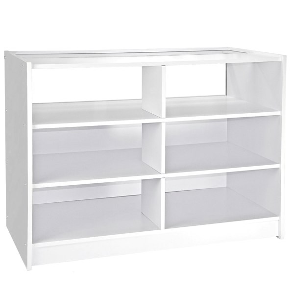 Fusion Brilliant White shop counter with six open shelves, featuring a sleek, modern design and smooth, glossy finish for retail displays