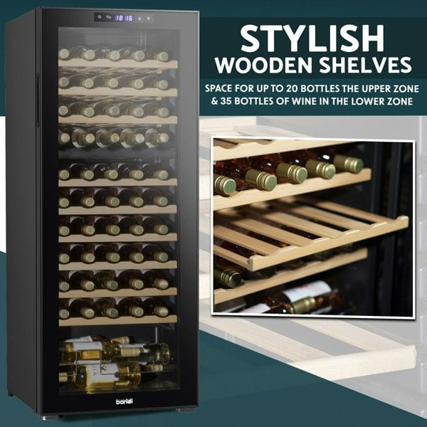 55 Bottle Dual Zone Freestanding Wine Cooler Fridge - LED Backlit BLACK & GLASS - LoopsDirect