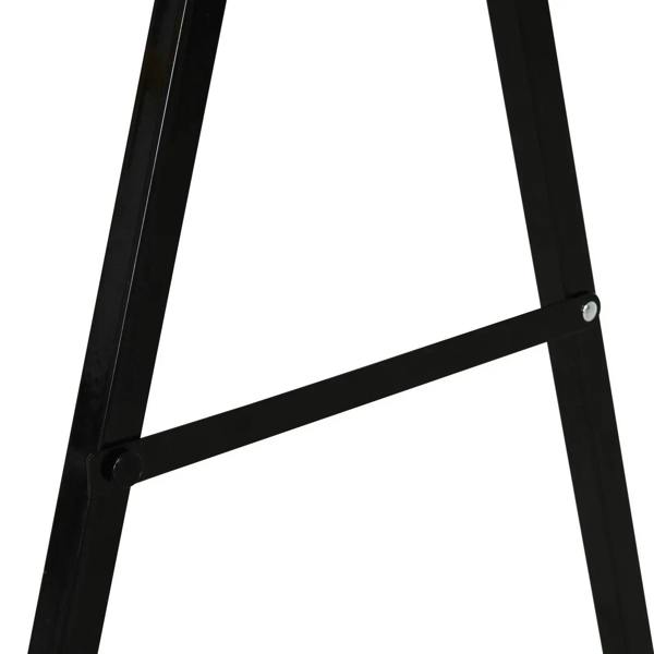 Close-up of black cross brace and leg joint on a folding sawhorse stand.