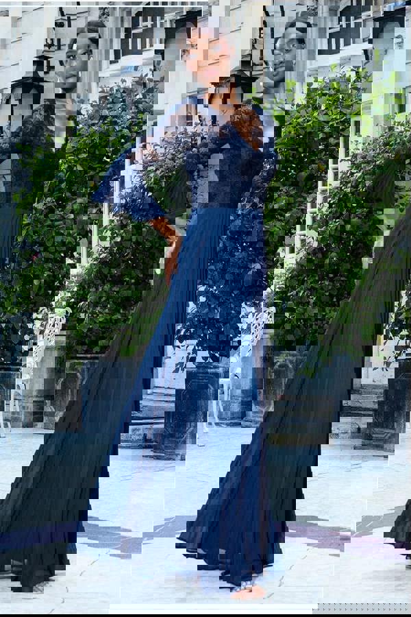 Scalloped Lace Bodice Pleated Chiffon A Line Maxi Dress - Navy Blue DR4390