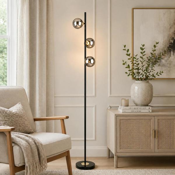 Eaen 3 Light Black and Gold Floor Lamp with Smoked Glass