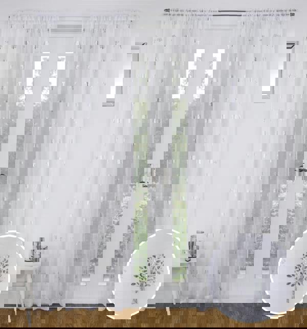 Tyrone Textiles Birch Metallic Tree Print Linen look Voile Panels (Pair) with Rod Pocket Header